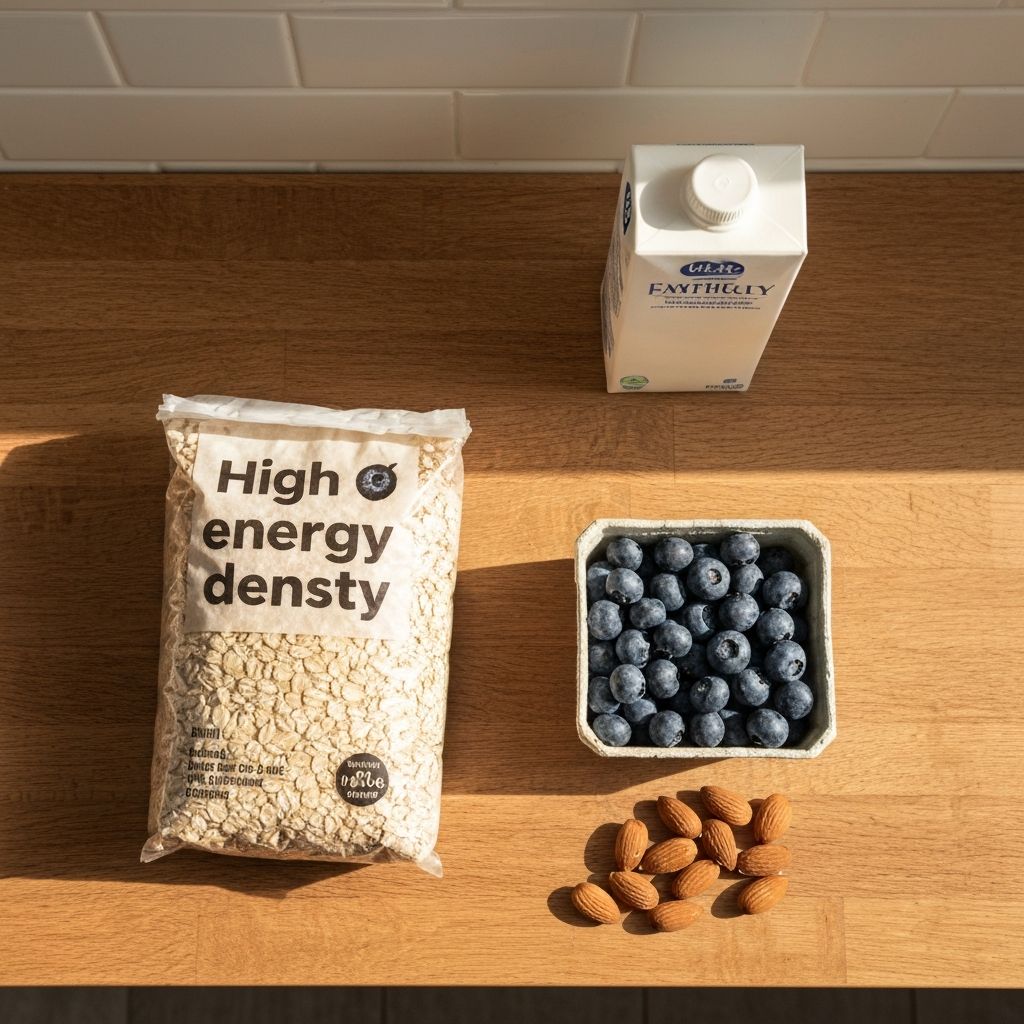 Comparison of UK supermarket foods showing energy density differences between oats, berries, milk, and almonds