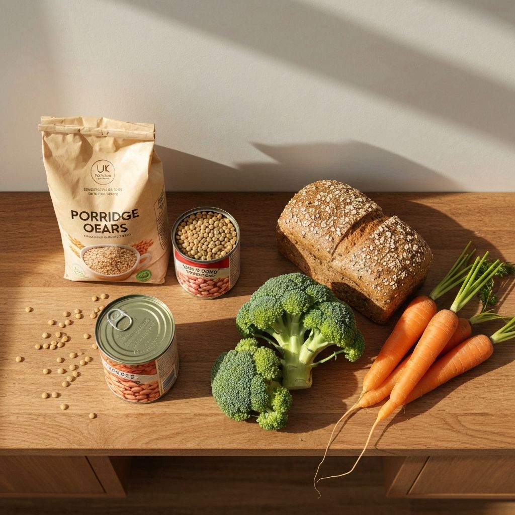 UK supermarket high-fibre foods including oats, lentils, beans, wholegrain bread, broccoli, and carrots