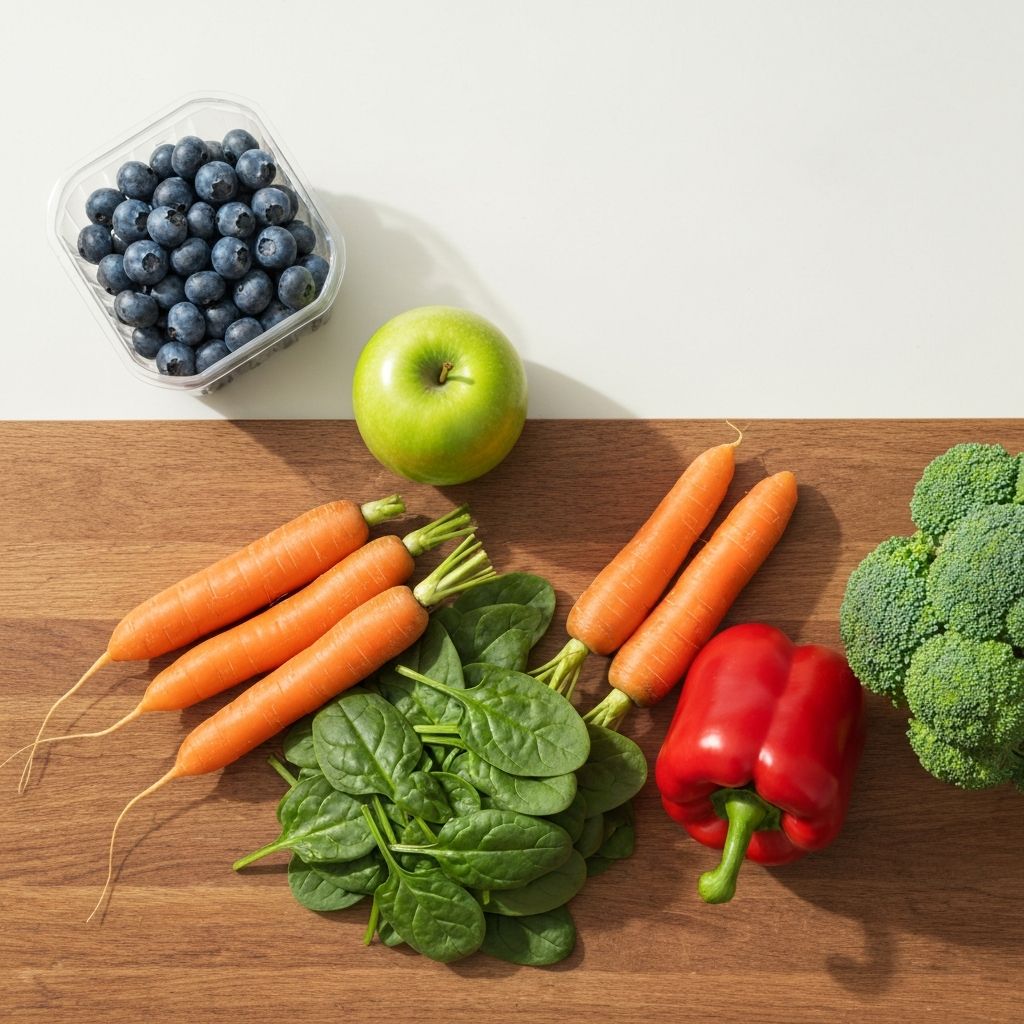 UK supermarket fresh produce including blueberries, apples, carrots, broccoli, spinach, and red peppers