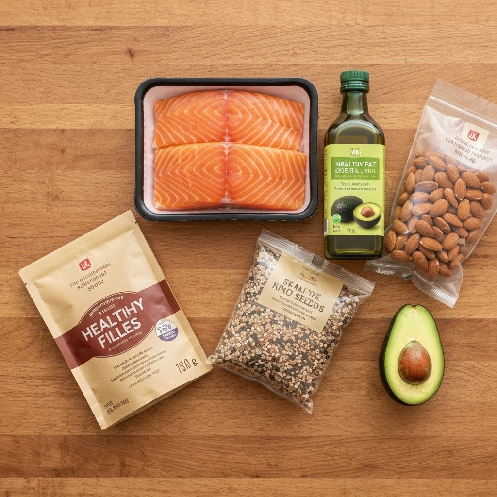 UK supermarket healthy fat sources including salmon fillets, almonds, seeds, and olive oil